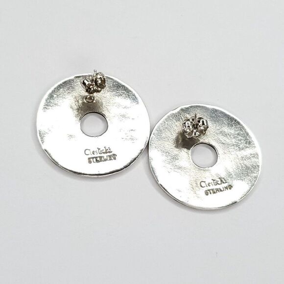 Vintage 80s 90s Cieslicki Earrings Round Sterling Silver Enamel Modernist - Picture 2 of 4